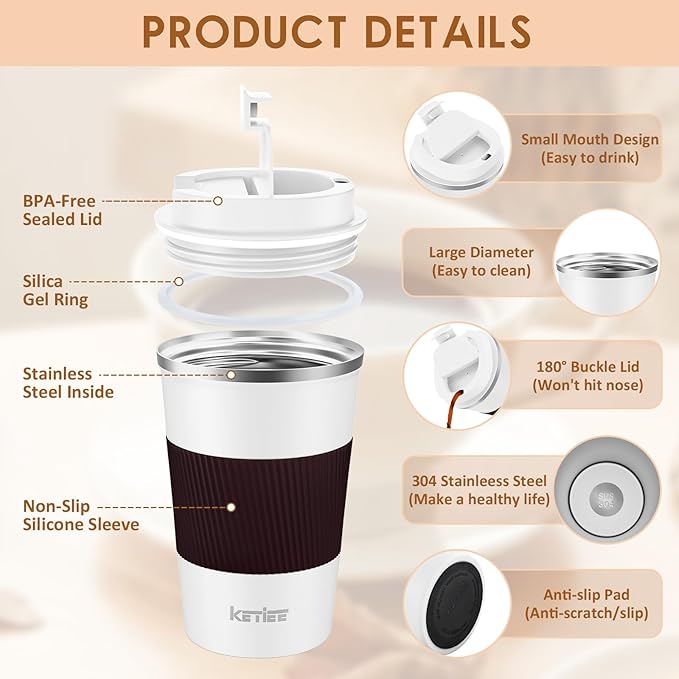KETIEE Travel Coffee Mug 12oz: Reusable Insulated Coffee Cup with Leakproof Lid, Travel Tumbler, Vacuum Stainless Steel Coffee Mug to Go for Hot/Ice Coffee Tea (White)