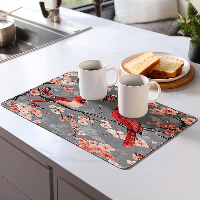 Cardinal Birds Dish Drying Mat for Kitchen Counter Microfiber Super Absorbent Non-Slip Dish Drying Pad for Countertops Dishes Utensils Stylish Quick-Dry Machine Washable 18x24 Inch
