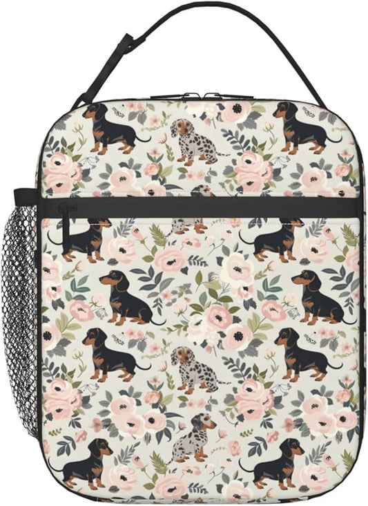 Reusable Dachshund Lunch Box for Kids Girls Boys Women Adult, Insulated Cute Dog Lunch Bag,Polyester Cooler Floral Handbags Case for School Picnic Work Travel Beach or Hiking