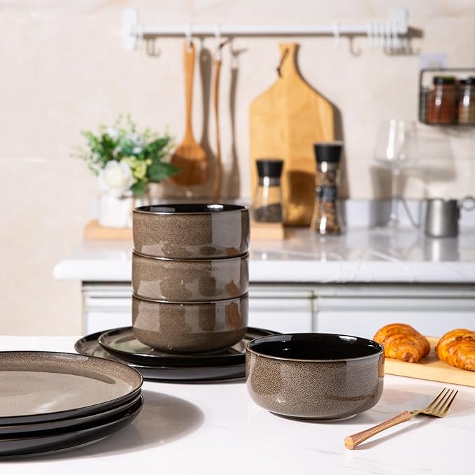 LeRATIO Ceramic Dinnerware Set of 4, Poreclain Plates, Bowls, Handmade Reactive Glaze Dishes, Chip Resistant, Oven & Dishwasher Safe, Service for 4-Chestnut