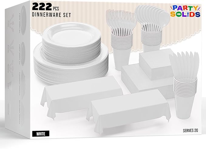 222 Pcs White Paper Plates and Napkins Sets, Disposable Plates For Party, Lunch & Cocktail Napkins Paper, 18oz Plastic Cups, Cutlery and White Table cloth Plastic Dinnerware Set