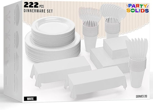 222 Pcs White Paper Plates and Napkins Sets, Disposable Plates For Party, Lunch & Cocktail Napkins Paper, 18oz Plastic Cups, Cutlery and White Table cloth Plastic Dinnerware Set