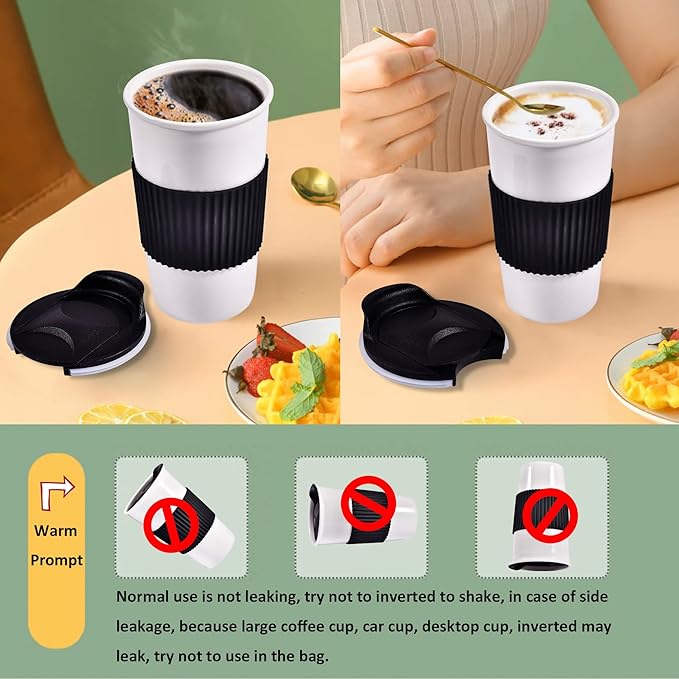 Ceramic Travel Coffee Mug with Non-Slip Silicone Sleeve, and Slider Splash Resistant Lid, To Go Tumbler for Car Cup Holder, Reusable White Coffee Cup, Gifts for Women Men Him Her, 12 oz, Black