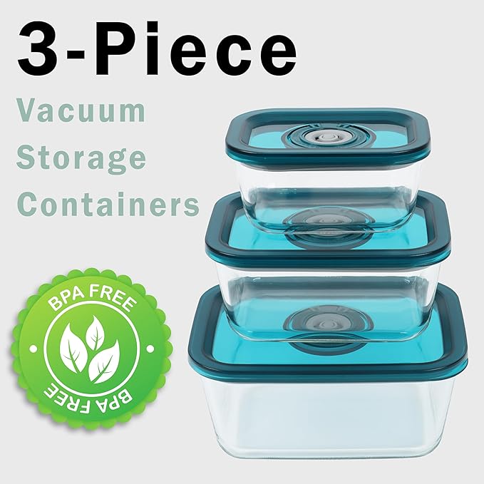 Avid Armor BPA-Free Borosilicate Glass Vacuum Containers, Set of 3 (12.5 oz, 23.7 oz, 38.9 oz) – Green SAN Lid with Date Coding, Works with Most Vacuum Sealers for Dry Goods & Marinating Includes Hose
