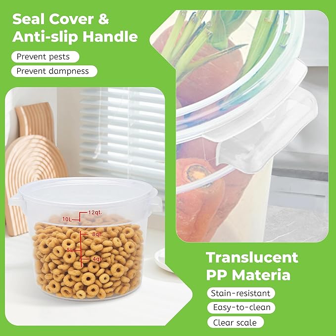 4 Pack Round Food Storage Containers with Lids, 12Qt Large Translucent, Polypropylene, BPA Free, Includes Labels & Measuring Cups