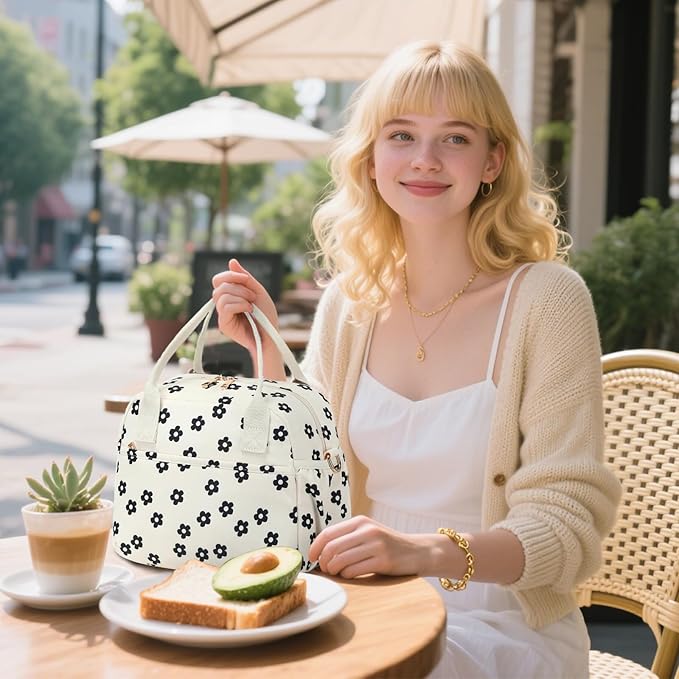 CAMTOP Lunch Box for Women Men Insulated Lunch Bag Lunch Tote Bag Leakproof Thermal Cooler Large Capacity for Travel Work School Picnic (Black Flower)