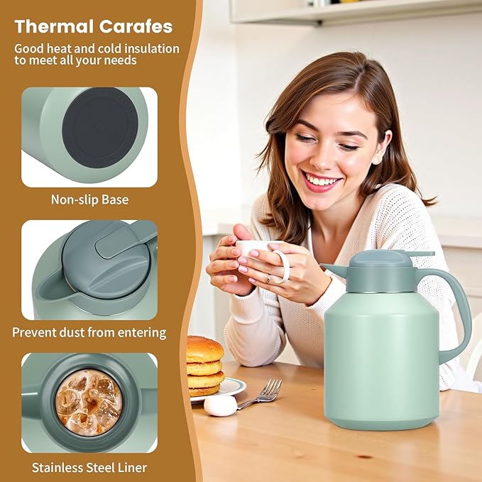 70 oz Thermal Coffee Carafe Insulated for Keeping Hot and Cold, Stainless Steel Vacuum Thermal Coffee Pot for Coffee, Tea, Water for Parties, Green