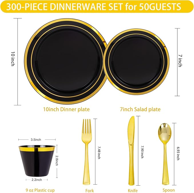 WELLIFE 300 PCS Black and Gold Dinnerware Set for 50 Guests, Disposable Plastic Plates for Party, Gold rimmed Plastic Dinner Plates,Salad Plates,Cups,Silverware Set for Halloween Party Supplies