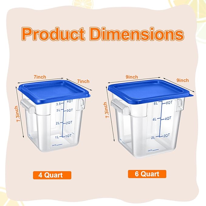 Suclain 8 Pack 4 QT and 6 QT Food Storage Containers with Lids Scales Handles Square Clear Restaurant Food Storage Containers Polycarbonate Commercial Grade for Kitchen Marinating Meat Dough(Blue)
