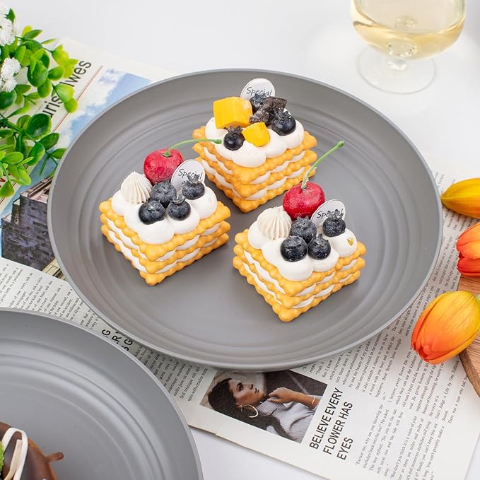 supernal 16pcs Dark Grey Wheat Straw Plates, Deep Dinner Plastic Plates, Reusable Plate, 10 inch Unbreakable Plate Set for Picninc, Camping, Lightweight Microwave Dishwasher Safe