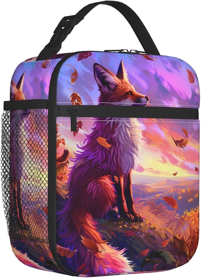 Stunning Sunset Fox Lunch Box for Women Girls Kids, Insulated Cooler Lunch Bag with Fall Leaf for School, Picnic, Office, Travel, Work, Portable Reusable Polyester Thermal Tote Lunch Bags