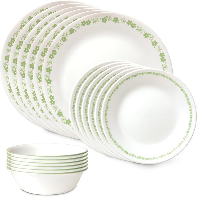 Corelle Vitrelle 18 Piece Glass Dinnerware Sets Service for 6, Triple Layer Chip & Crack Resistant Glass Plate and Bowl Sets, Spring Blossom Green