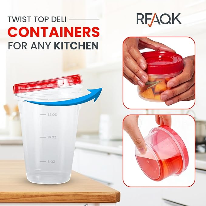 RFAQK 10 PCS Freezer Storage Containers-[10*32 OZ] Plastic Food Storage Containers with Twist Top Lids-BPA Free Leakproof Jars-Deli Container Stackable Meal Prep Reusable Box for Lunch,Soup,Oats,Gym