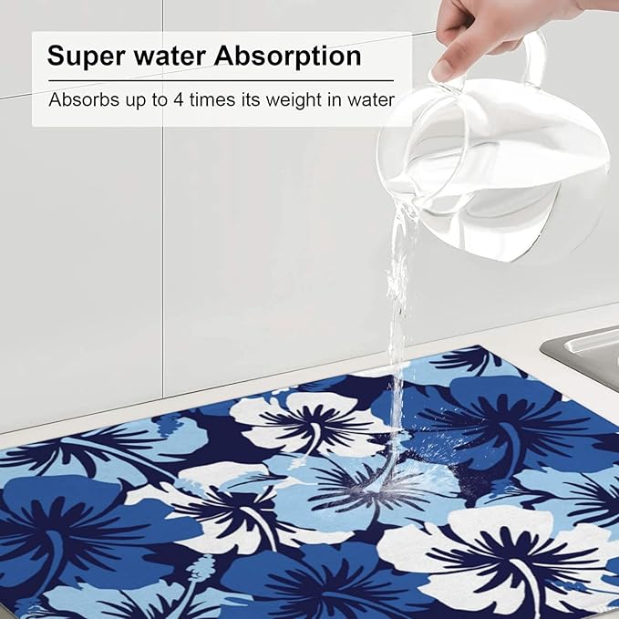 Blue Hawaii Flowers Dish Drying Mat, Blossom Floral Kitchen Counter Mat Rubber Backing Draining Mat Easy Clean Kitchen Accessories Dish Rack Pad for Dishes, Utensils, Countertops, Coffee Sinks 18X24''