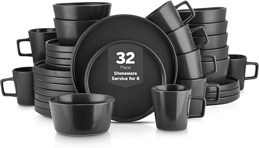 Stone Lain Celina Stoneware 32 Piece Dinnerware Set, Plates and Bowls, Black Matte Dish Collection, Service for 8 – Contemporary Minimalist Style, Microwave & Dishwasher Safe