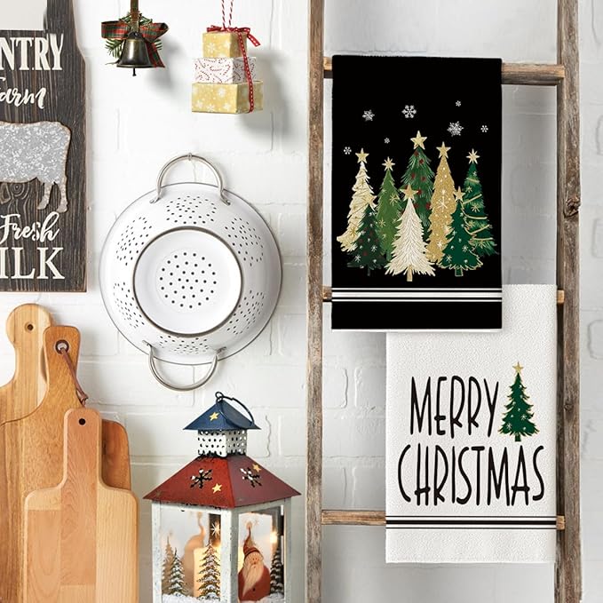 Artoid Mode Black Xmas Tree Merry Christmas Kitchen Towels Dish Towels, 18x26 Inch Farmhouse Star Snowflakes Decoration Cleaning Set of 2