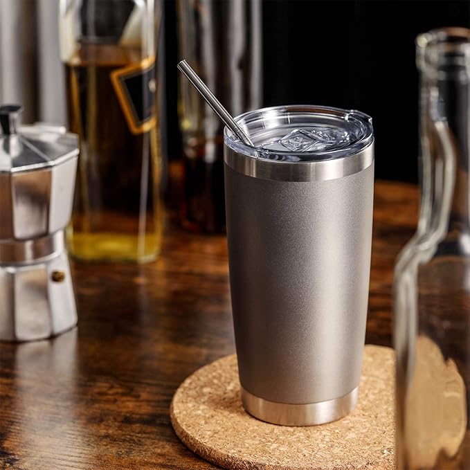 COMOOO 20oz Double Wall Vacuum Insulated Travel Mug, Stainless Steel Tumbler with Lid, Durable Powder Coated Insulated Coffee Cup for Cold & Hot Drinks (Cold Grey, 1 Pack)