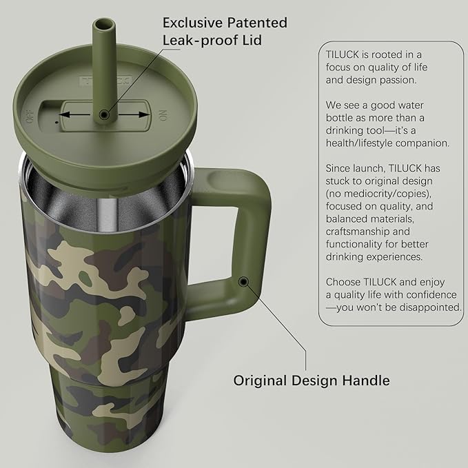 TILUCK 40 oz Tumbler with Handle, Vacuum Insulated Stainless Steel Travel Mug with 100% Leak-Proof Silicone Straw Lid, Cupholder Friendly Water Bottle(Camouflage, 40oz)