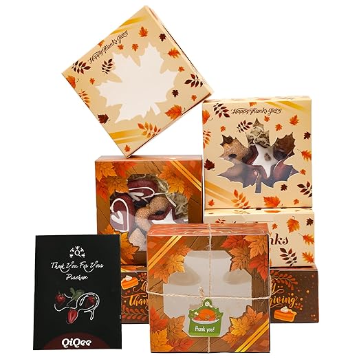 qiqee Thanksgiving Bakery Box with Window 36packs 6x6x3 Gold Leaves Cookie Boxes Pastry Box for Thanksgiving Day