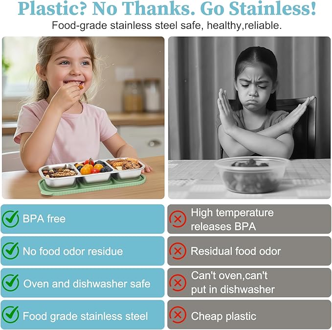 ﻿ 3 Compartment Stainless Steel Snack Containers with Silicone Lids, Reusable Food Storage Containers ，snackle box container for School ，Travel, Outdoor, Camping.