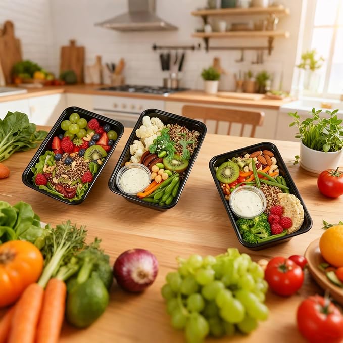 Sawysine 100 Pcs Plastic Meal Prep Containers Food Storage Containers Reusable Lunch Bowls with Lid Stackable Disposable Lunch Boxes 1 Compartment Bento Box (Black,22oz，25oz，34oz)