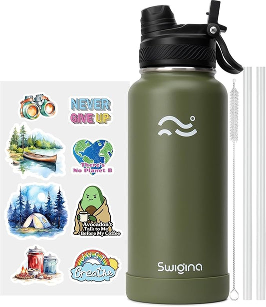 [2-IN-1 LID] Insulated Water Bottle with Silicone Boot (36hrs Cold/18hrs Hot) - DIY Stickers, Leakproof, BPA Free, 32 oz