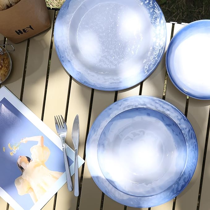 Melamine Dinnerware Sets- 12pcs Melamine Plates and Bowls Set for 4, Suitable for Indoor and Outdoor Use, Blue
