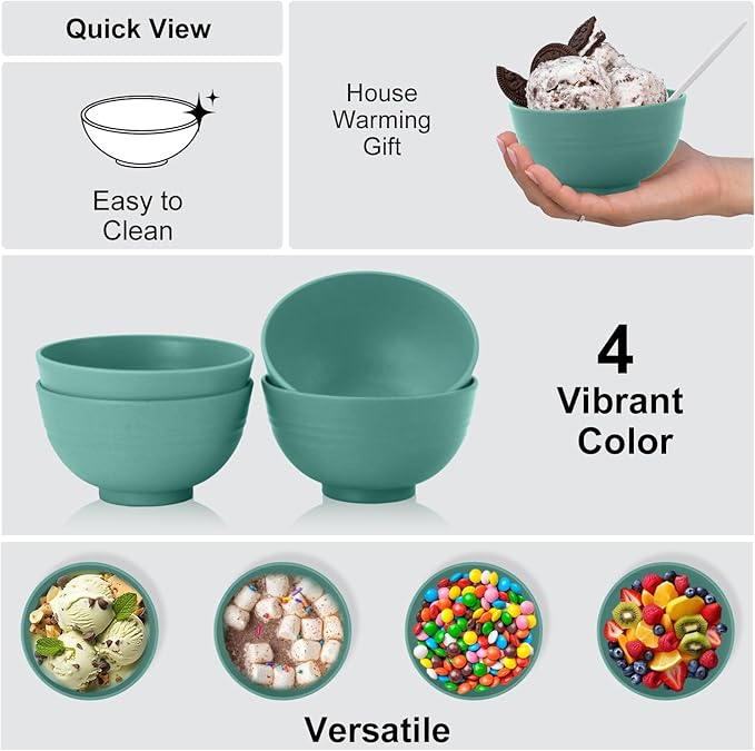 Wrova wheat straw snack bowls 10oz set of 8 - Unbreakable Dessert Bowls Dishwasher Safe - Small Handy Bowls for Ice Cream,Yogurt and Fruits. Green