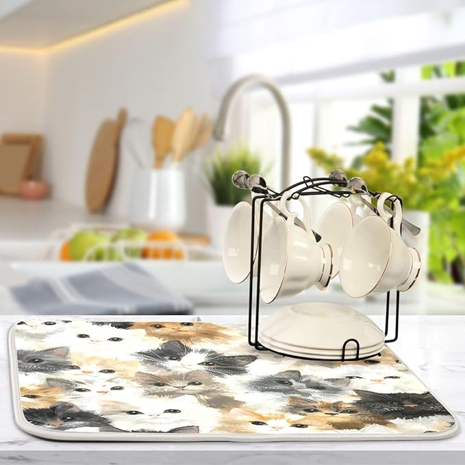 Cat Faces Pattern Dish Drying Mat for Kitchen Counter Super Absorbent Dishes Pad Reversible Microfiber Protector Dish Draining Mats 18x24 inch