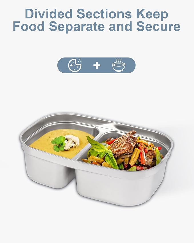 1.5L Lunch Box Inner Container with Lid, Dual Compartment Stainless Steel Food Container, Removable Replacement Tray, Dishwasher Safe
