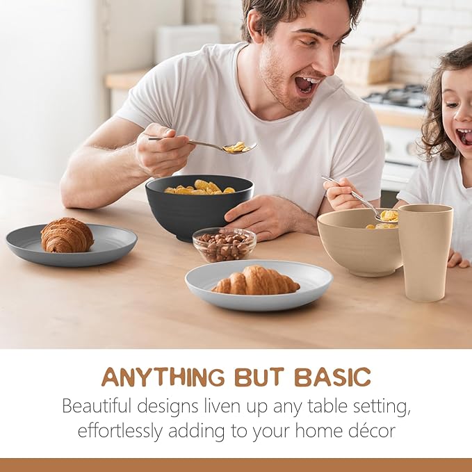 Teivio 32-Piece Kitchen Plastic Wheat Straw Dinnerware Set, Service for 8, Unbreakable Plates, Bowls and Cups Set, Farmhouse Outdoor Camping Dishes for Rustic Life/Country/Vintage, Country