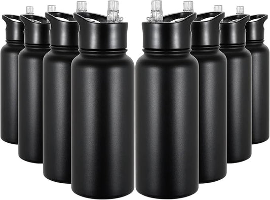32 oz Insulated Water Bottle Bulk 8 Pack, Stainless Steel Sports Water Bottles with Straw Lid & Wide Mouth Lids, Double Walled Vacuum, Leak Proof, Black