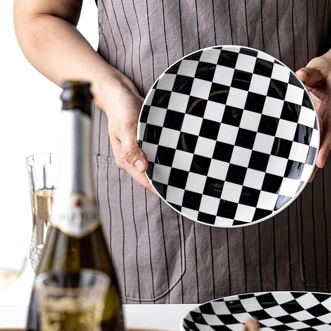 Ceramic Dinner Plates Set of 6-8 Inch Checkered Salad Plates, Microwave, Oven & Dishwasher Safe, Modern Minimalist Dessert Plates Geometric Black and White Plates for 6