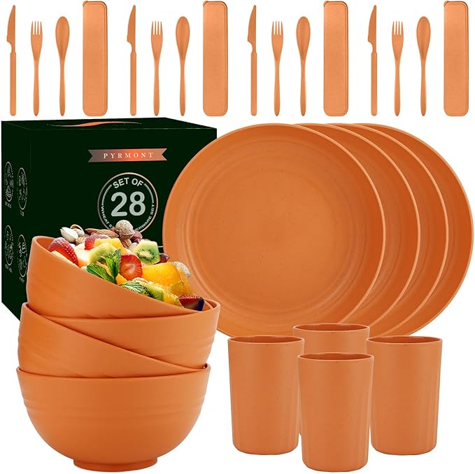 28-Piece Wheat Straw Dinnerware Sets, Microwave & Dishwasher Safe Unbreakable Dinnerware Set, Reusable Dishware Sets, Lightweight Camping Dishes, Plates, Cups, Cereal Bowls for 4(Orange)