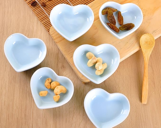 WHJY Blue Love Heart Shaped Ceramic Side Dish Bowl, Contemporary Porcelain Side Dishes Bowl, Seasoning Dishes Soy Dipping Sauce Dishes for Wedding Birthday Party- Set of 6