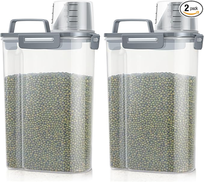 TBMax Rice Container 2 Pack 5 Lbs, Plastic Kitchen Pantry Food Storage Container with Easy pouring Spout and Cup, Small Pet Dog Cat Food Dispenser -Dark Grey