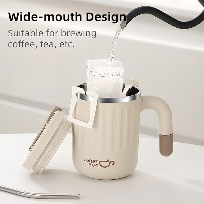 16oz Insulated Coffee Mugs - Ideal for Indoor Office Use. Features SUS 304 Inner, Double Wall Insulation, Detachable Silicone Ring. 3 Drinking Options. Available in White, Brown, Pink (Pink)