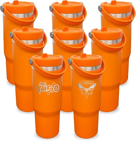 30 oz Tumbler with Handle, Double Wall Vacuum Insulated Tumblers with Flip Straw, Coffee Mug 30oz Powder Coated Cup for Hot and Cold Drinks(Orange,8 pack)