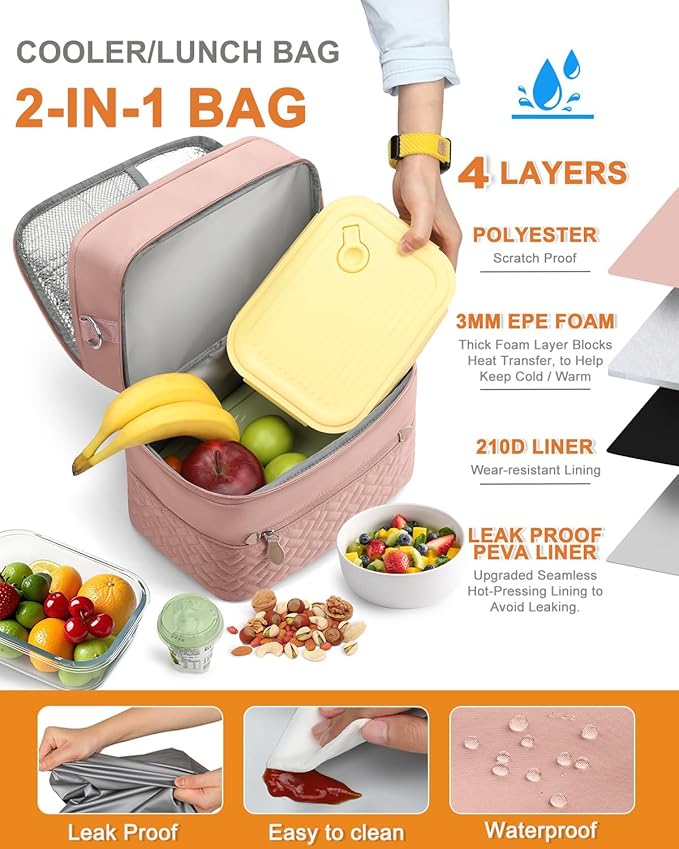Capolo Lunch Box for Women Men Adults,Double Deck Insulated Lunch Bag Leakproof Lunch Cooler Box with Removable Strap Lunch Tote Bags Reusable Thermal Lunchbox for School Work Picnic(Large,Pink)