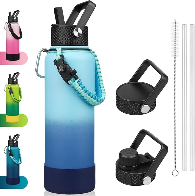 BJPKPK Insulated Water Bottle with Straw Lid, 40oz Large Thermo with 3 Lids, Paracord Handle & Non-slip Boot, BPA Free Leak Proof Stainless Steel Metal Water Bottles, Tumblers, Cups,Sky
