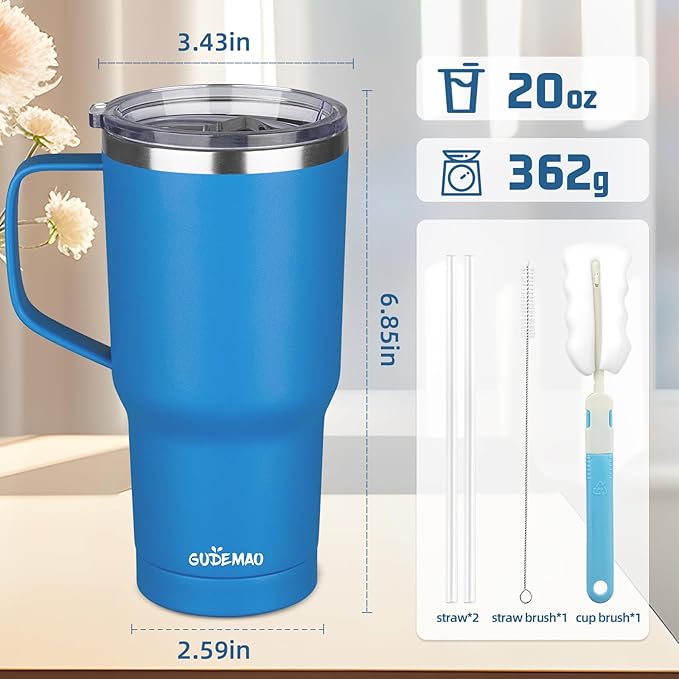 20 oz Insulated Coffee Mug with Ceramic Coating, Stainless Steel Travel Mug Tumbler with Handle Lid and Straw, Double Wall Leak-Proof Coffee Travel Mug Keeps Drink Hot and Cold (Blue)