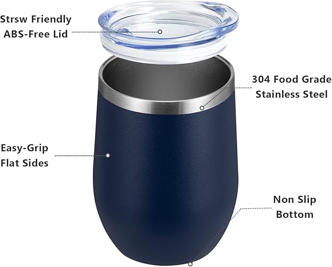 MEWAY Stemless 12oz Wine Tumbler Glasses with Lid -Insulated Double Wall Vacuum Stainless Steel Travel Tumbler with Straw,for Woman Under 10 dollars (Navy,1)