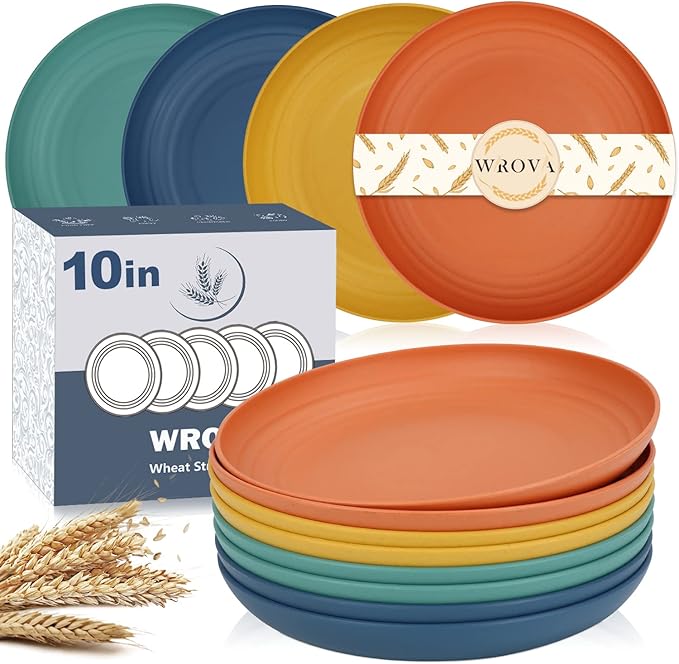 Wrova Wheat Straw Plates - 10 Inch Unbreakable Dinner Plates Set of 8 - Dishwasher & Microwave Safe Plastic Plates Reusable - Lightweight Plates for kitchen,camping (Colorful Series)