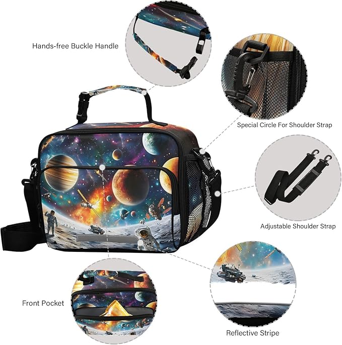 ALAZA Astronaut Kids Lunch Box Planet Lunchbox Insulated Reusable Meal Container Lunchbag with Shoulder Strap