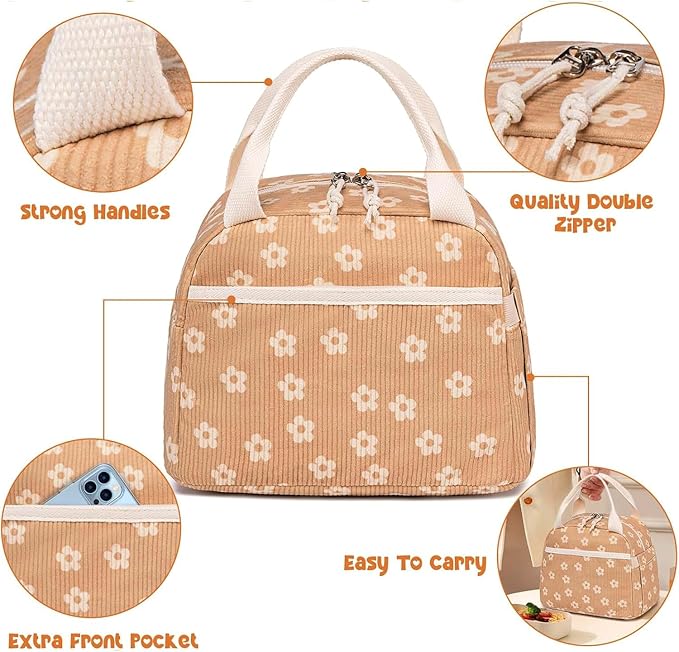 Bluboon Lunch Bag for Women Men Cute Corduroy Lunch Tote Bags Reusable Insulated Lunch Box Large Capacity Reusable Insulated Cooler for Work Picnic or Travel