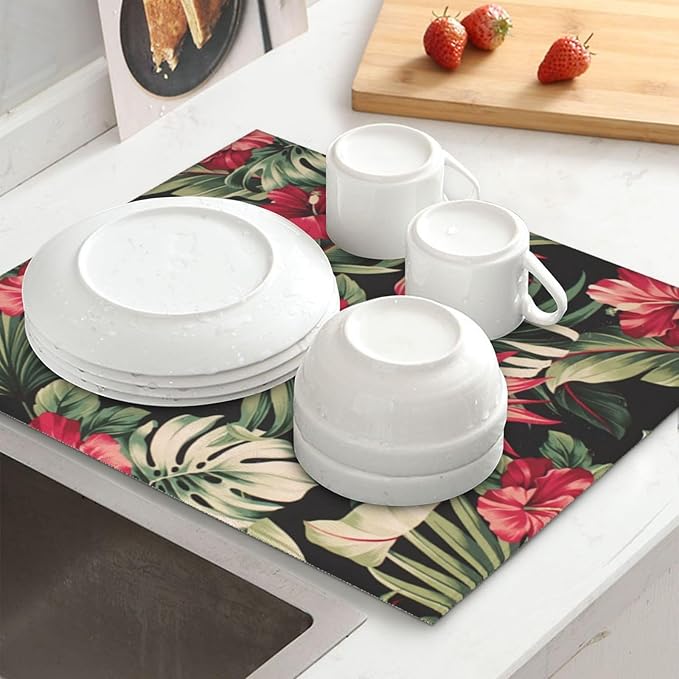 Red Flowers Dish Drying Mats for Kitchen Counter, Blossom Floral Large Mat Dishes Microfiber Diatom Mud Rack Drainer Pad Washable Absorbent Dry 18×24 Inch Coffee Bar Decor Coffee Station Accessories