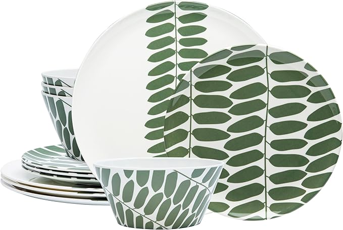 Bzyoo 12-Piece Melamine Dinnerware Set - Leaf | Lightweight, Durable, BPA-Free | Dishwasher Safe Dish Set for Indoor & Outdoor Use - Perfect for Camping, BBQs, Kids