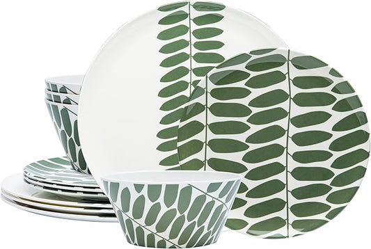 Bzyoo 12-Piece Melamine Dinnerware Set - Leaf | Lightweight, Durable, BPA-Free | Dishwasher Safe Dish Set for Indoor & Outdoor Use - Perfect for Camping, BBQs, Kids