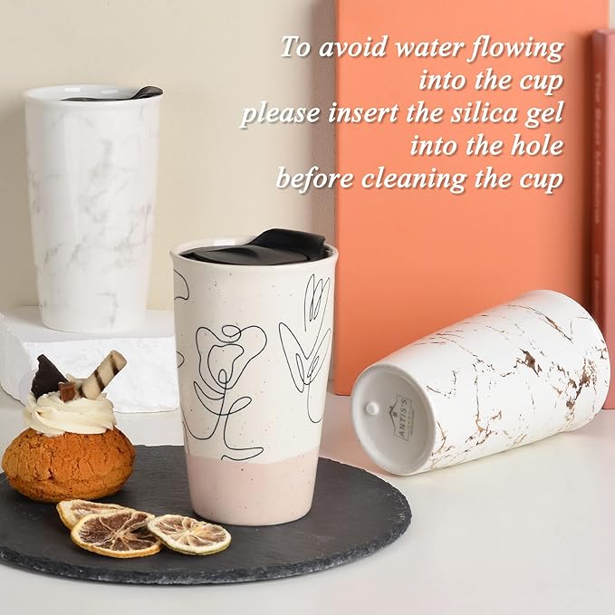 ANTIS'S HOME Ceramic Coffee Mug with Lid, Marble Gold Double Wall Coffee Travel Mug Ceramic Tumbler 12 oz, Reusable Tall Cup, Splash Resistant Lid, Dishwasher Microwaveable Safe