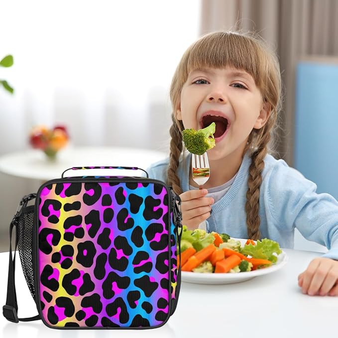 Rainbow Cheetah Leopard Print Lunch Bag Box for Kids Boys Girls Insulated Lunch Tote Bag with Adjustable Shoulder Strap Reusable Waterproof Thermal Cooler Bag for School Work Picnic Women Men